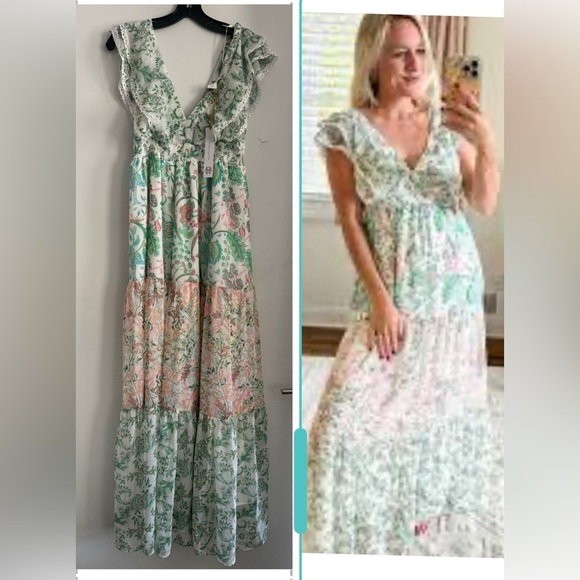 NWT House of Harlow 1960 Pink & Green Floral Tiered Maxi Dress Size M - Picture 1 of 5